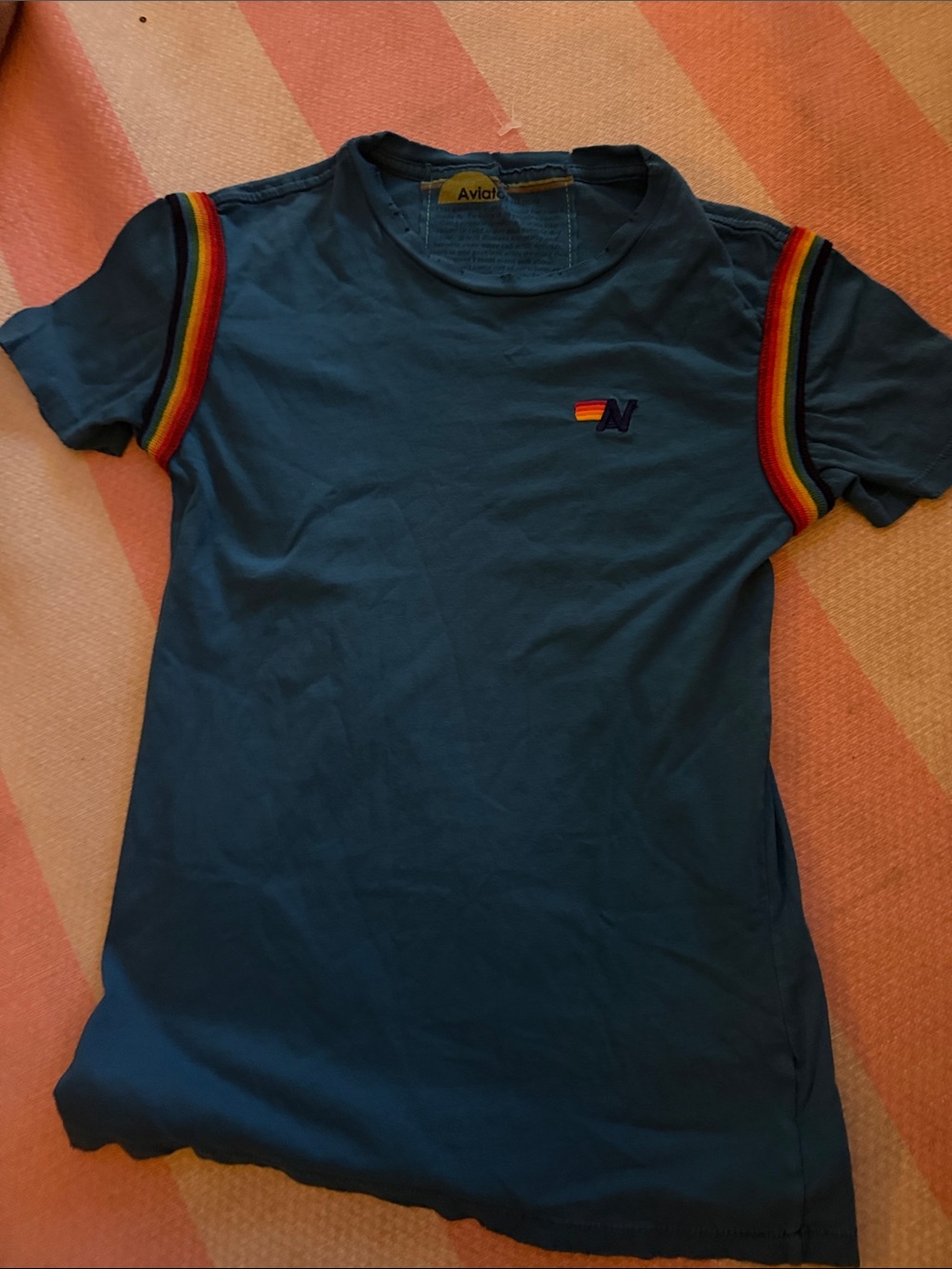Aviator Nation Navy Tee with Rainbow Sleeve Trim